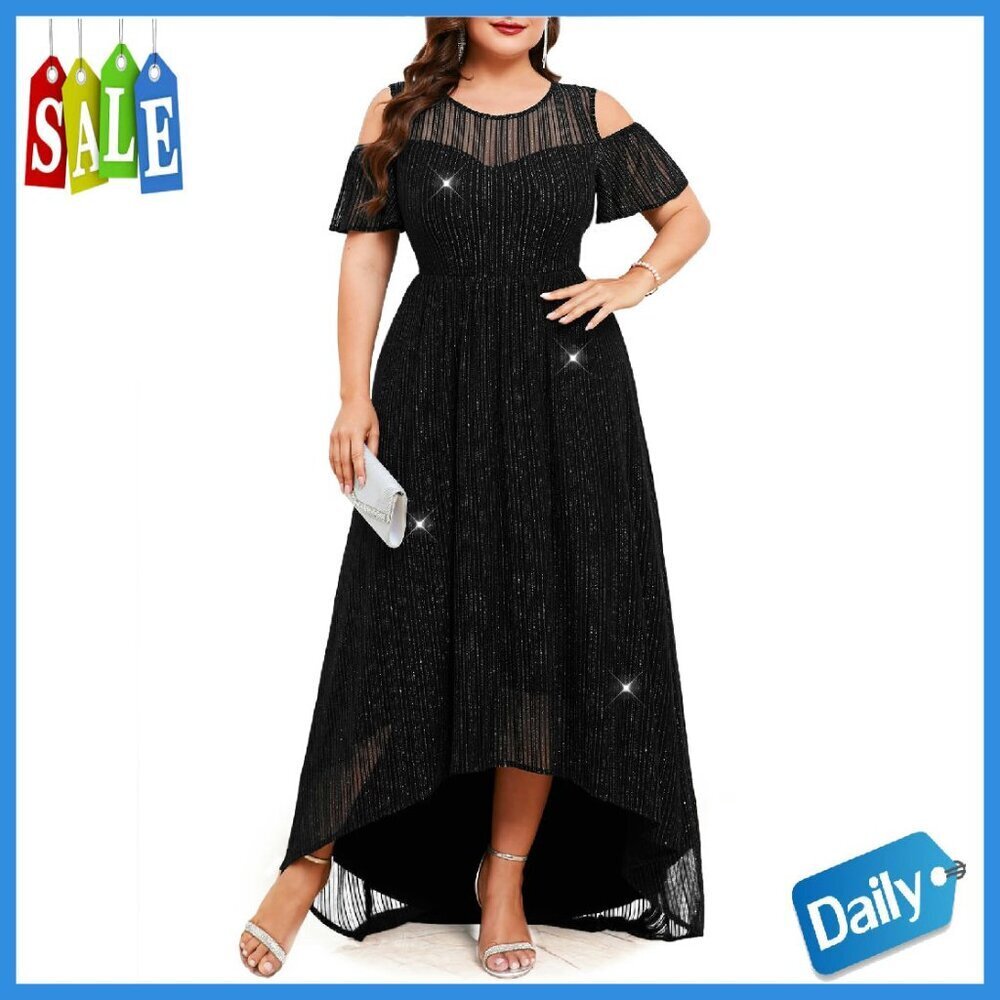 Plus Size Sparkly Mesh Maxi Dress Cold Shoulder Ruffle Sleeve A-Line